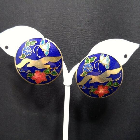 Cloisonne Golden Brass Blue Enamel Post Earrings, Floral Butterfly Design, 1980s - Picture 4 of 9